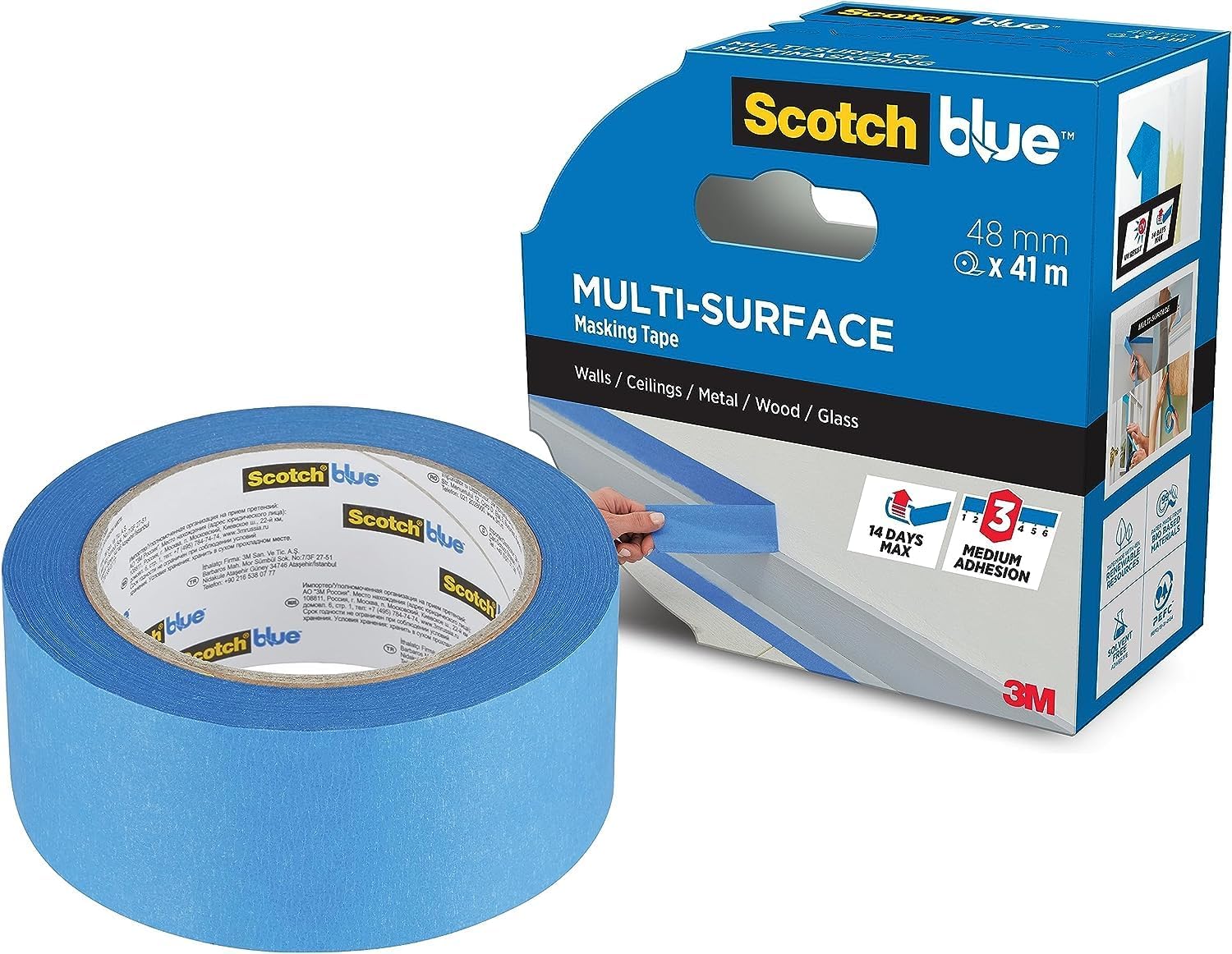 ScotchBlue Multi-Surface Premium Masking Tape, 48mm x 41m, 1 Roll/Pack - Scotch Adhesive Blue Painters Tape, For Painting and Decorating, Indoor & Outdoor, Sticks Well, 100% PEFC