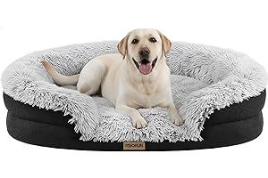 Miorun Fluffy Orthopedic Dog Bed for Extra Large & Jumbo Dogs, Calming Plush Sofa Bed with Curved Bolster Support, 48" Cozy Oval Pet Donut Bed with Washable Cover, Gray