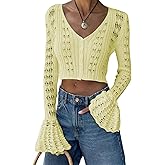 Unybwonn Women Cropped Cardigan Sweater Bell Long Sleeve Knit Crochet Cardigan Crop Top Casual Hollow Out Bolero Shrug