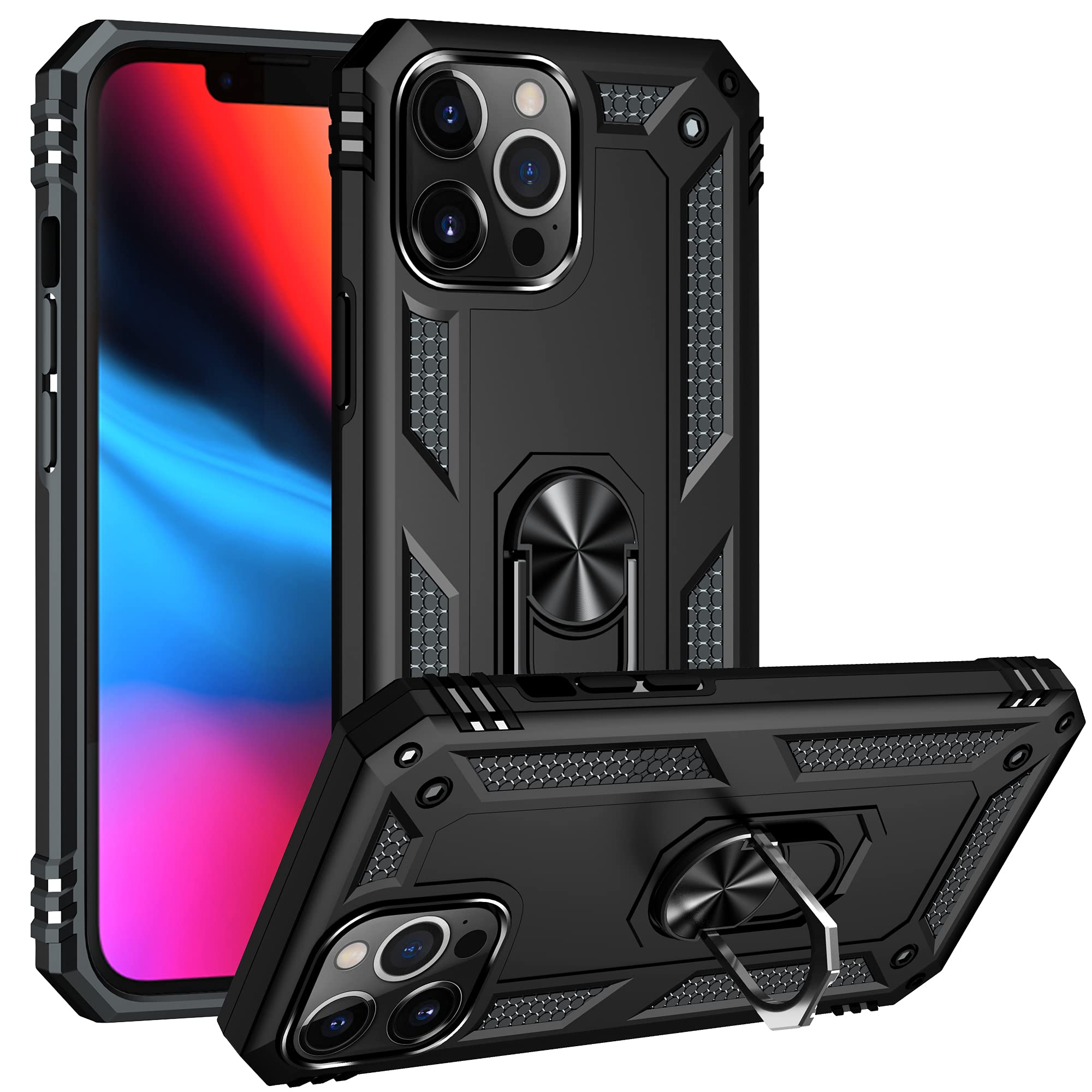 BestST Case Compatible with Apple iPhone 13 Pro Max Case 6.7",Screen Protector Heavy Duty Shockproof Impact-Resistant Ultimate Armor Cover Bumpers Protective phone case,with Ring Kickstand,Black — image 1