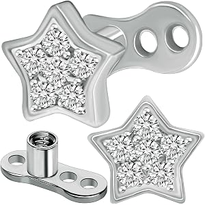 SHBESHCD 2pcs 14G Stainless Steel CZ Dermal Anchor Tops and Base Star-Shaped Cubic Zirconia Internally Threaded Microdermals