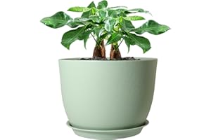 UOUZ 12inch Large Plant Pot, Modern Plastic Planter with High Driange Holes and Saucer for Indoor Outdoor Garden Plants and Flowers, Green