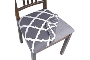 SearchI Seat Covers for Dining Room Chairs Stretch Printed Chair Seat Covers Set of 6, Removable Washable Upholstered Chair Seat Protector Cushion Slipcovers for Kitchen, Office(Grey+White)