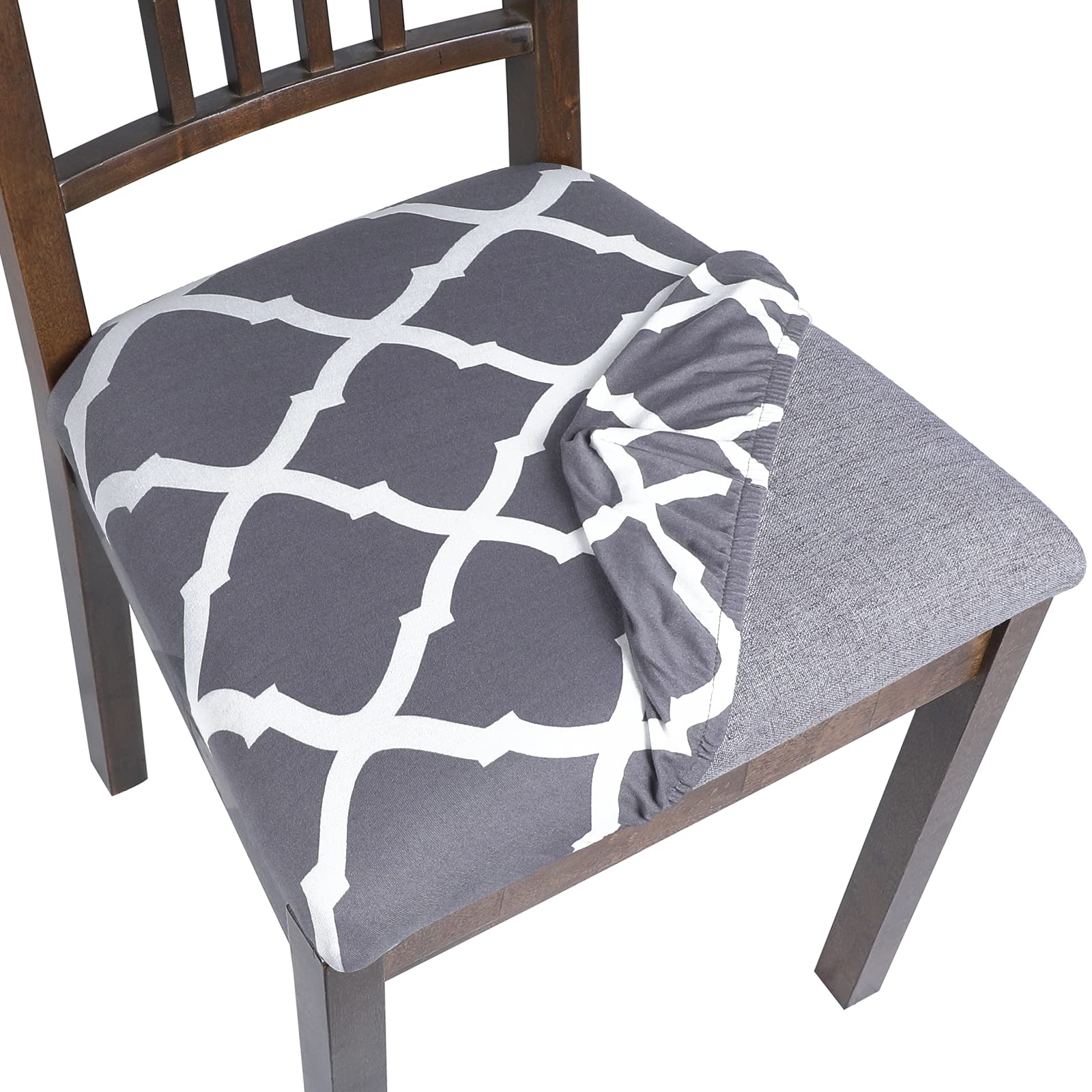 Photo 1 of SearchI Seat Covers for Dining Room Chairs Stretch Printed Chair Seat Covers Set of 4, Removable Washable Upholstered Chair Seat Protector Cushion Slipcovers for Kitchen, Office(Grey+White)