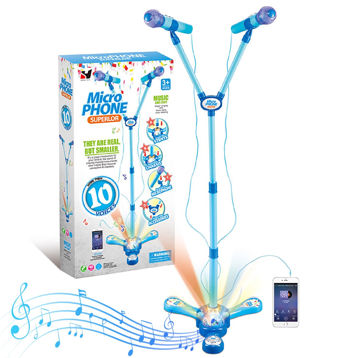 Kids Microphone and Stand,Double Head Kids Karaoke Machine with Stand With External Music Function & Flashing Lights Toy for Kids Children Girls（Blue）