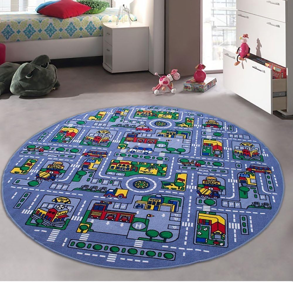 Kids / Baby Room / Daycare / Classroom / Playroom Area Rug. City. Roads. Map. Train Tracks. Cars. Play Mat. Fun. Educational. Non-Slip Gel Back. Bright Colorful Vibrant Colors (8 Feet X 8 Feet Round)