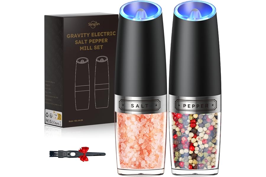Sangcon Gravity Electric Salt and Pepper Grinder Set Automatic Shakers Mill Grinder with LED Light, BATTERY POWERED Adjustabl Book