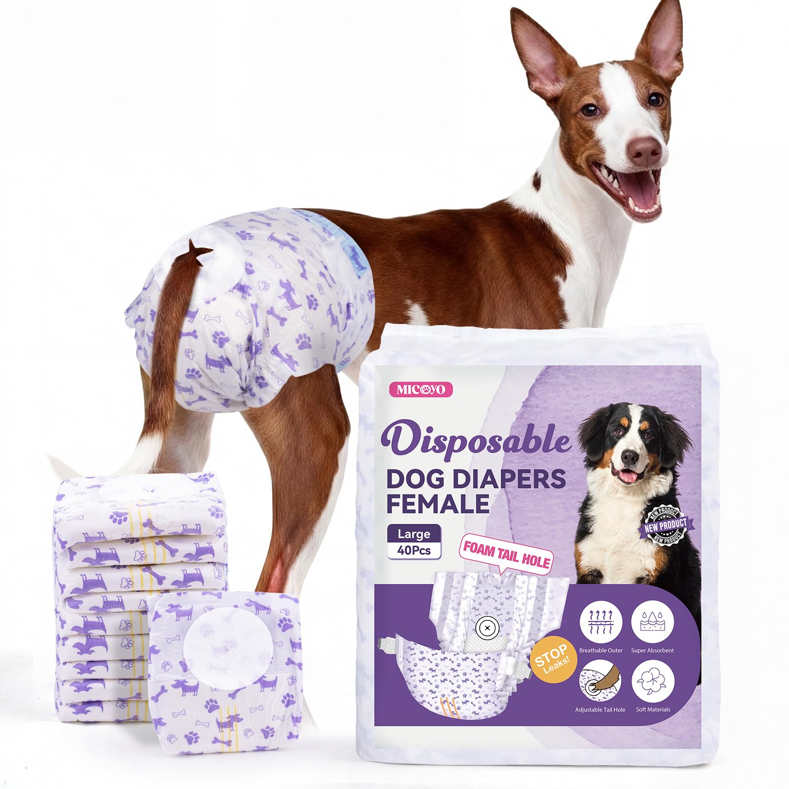 MICOOYO Dog Nappies Female 40 count, Disposable Dog Period Pants with Adjustable Tail Hole, Super Absorbent Diapers for Female Dogs Cat in Heat Season Incontinence(L)
