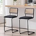 Zesthouse Natural Rattan Bar Stools Set of 2, 26'' Upholstered Boucle Fabric Barstools with Solid Wood Back, Modern Counter Height Chairs for Kitchen Island, Mid Century Cantilevered Design, Black