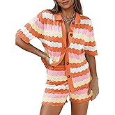 Pink Queen Women Knit Shorts Set 2 Piece Outfits Short Sleeve Button Down Sweater Top and Shorts Lounge Set