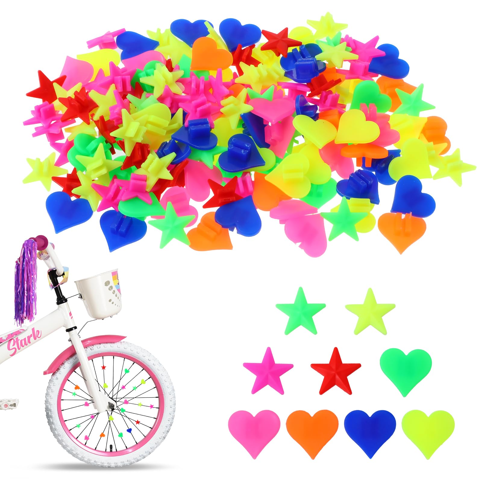 Giantree 140Pcs Bike Wheel Spokes Beads, Colorful Bicycle Spoke Bead Clips Plastic Bike Luminous Clip Bead Bicycle Spokes Accessories Wheel Decorations(Star + Heart shape)
