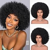 CURLCRAZY Afro Wigs for Black Women 70s Afro Kinky Curly Wig with Bangs Bouncy Huge Fluffy Puff Wigs Synthetic Hair for Cosplay Daily and Party 14Inch