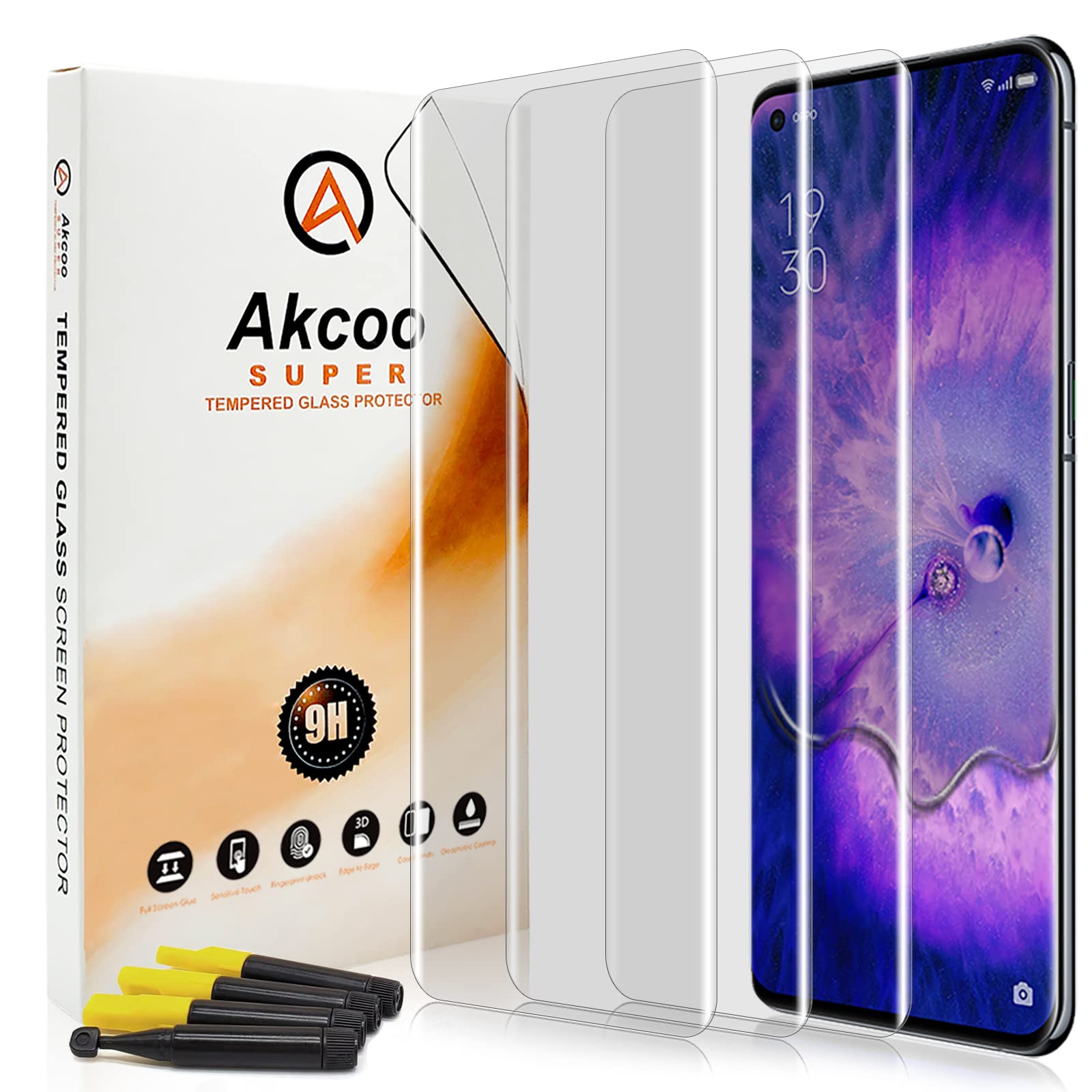 Akcoo Screen Protector for OPPO Find X5 Pro,Tempered Glass-3 Pack(UV Set),Edge to Edge Coverage,Sensitive Touch,Fingerprint-ID Compatible,Scratch Resistant