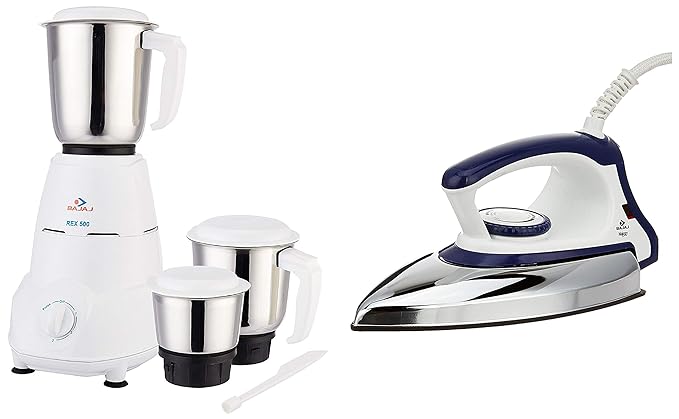 Bajaj Majesty DX 11 1000-Watt Dry Iron (Blue/White) & Rex 500-Watt Mixer Grinder with