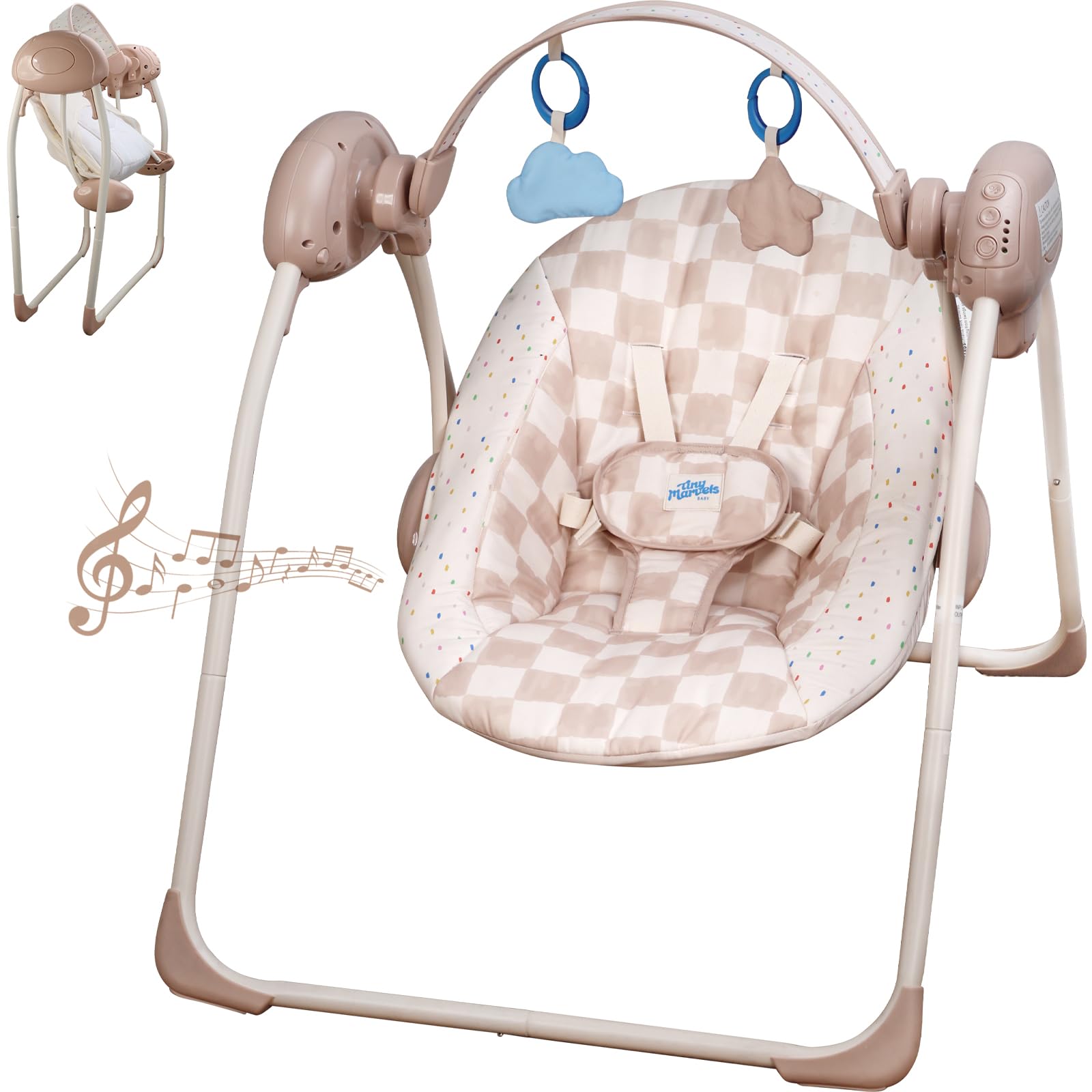 View 1 of Baby Swings for Infants, Tiny Marvels Portable Swing with Adaptable Speed, Music, Removable-Toy-Bar, Foldable Infant Swing for Indoor and Outdoor Use, 0-9 Months 6-20 lbs(Sander Checker)