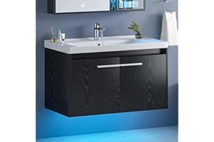 4ever2buy Floating Bathroom Vanity with Sink, 31" Black Bathroom Sink Cabinet with LED Light, Modern Clearance Bathroom Vanities with 2 Doors & Metal Handles