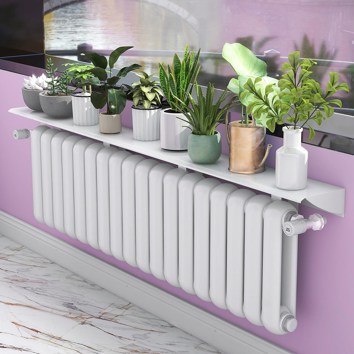 GXHYSW White Radiator Shelf No Drilling, Radiator Cover Modern Smoke-proof Dust-proof, Aluminum Alloy Floating Radiator Shelves with 5 cm Bracket for Home Office Storage and Decoration,35CM (13.7IN)