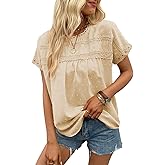 Poetsky Womens Summer Short Sleeve Lace Crochet Blouses Flowy Babydoll Dressy Casual Work Tops