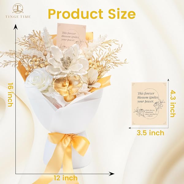 TINGE TIME PRESERVED FLOWERS BOUQUET, PLATINUM FAUX ROSE BOUQUETS, ETERNAL ROSES BOUQUET FOR WEDDING, TABLE CENTERPIECES, MOTHERS DAY, BIRTHDAY GIFTS, ANNIVERSARY, GRADUATION(WHITE & GOLD)