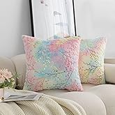 LIGICKY Set of 2 Rainbow Pillow Covers Fluffy Tie Dye Fur with Gold Branches Glitter Throw Pillows Decorative Pink Blue Soft Furry Sparkling Square Cushion Cases for Girl Room Couch Décor 18x18inch