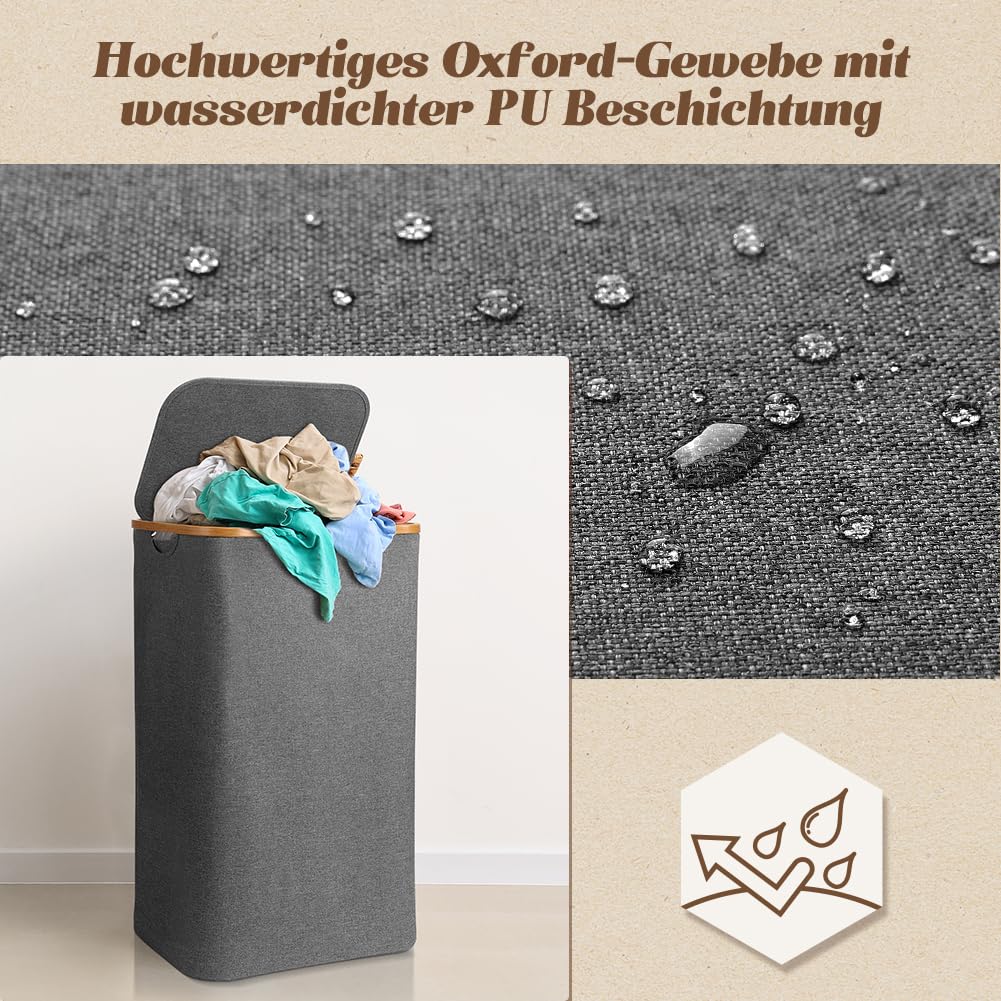 OUSFOT Wäschekorb mit Deckel 105L Wäschesammler faltbar aus 600D Oxford-Gewebe mit Abnehmbarem Wäschesack Bambus-Wäschebox Wäschesortierer Wäschetonne Laundry baskets Grau 2
