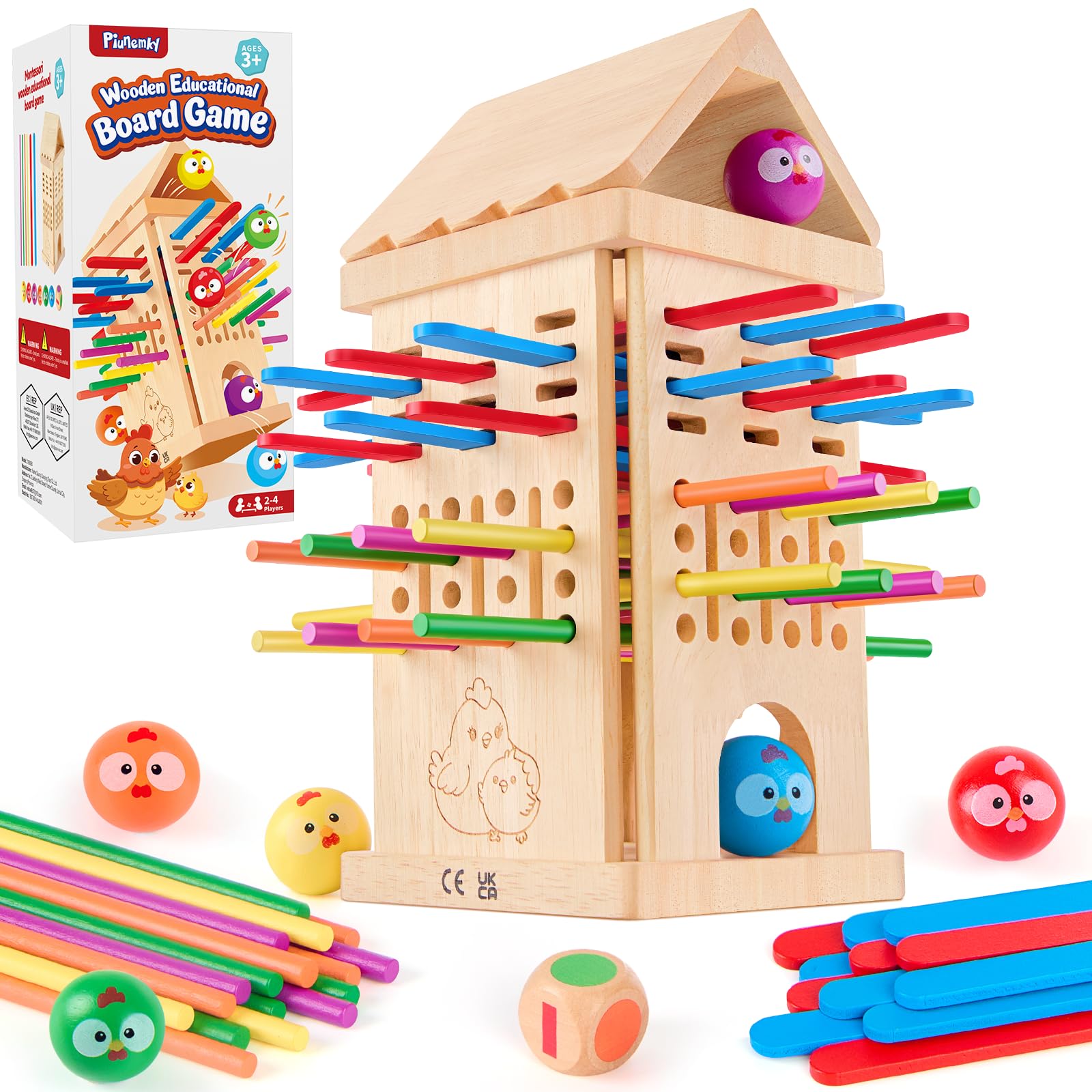Montessori Spielzeug ab 3 4 5 6 Jahren - Brettspiele aus Holz, Kinder Lernspielzeug mit Bunten Stäbchen & Ball, Würfel Brettspiel für Motorik & Konzentration Geschenk für Mädchen Jungen 9