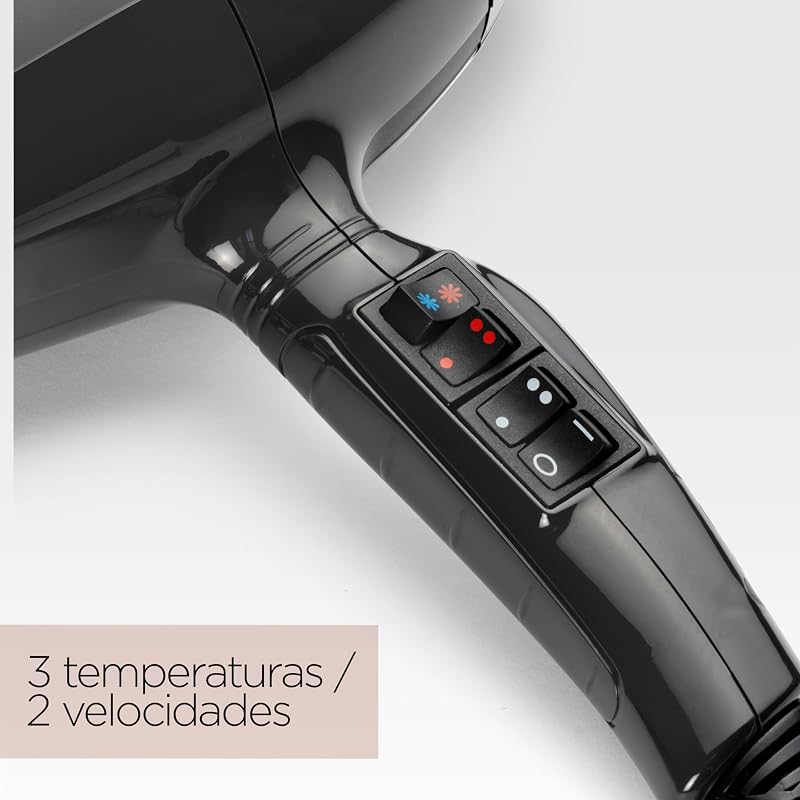 Secador de pelo Italian Air Pro con Difusor - Motor AC Profesional, Alta potencia 2200 W, Tecnología iónica antiencrespamiento, 2 temperaturas y 2 velocidades, Made In Italy, Negro, 6719DE