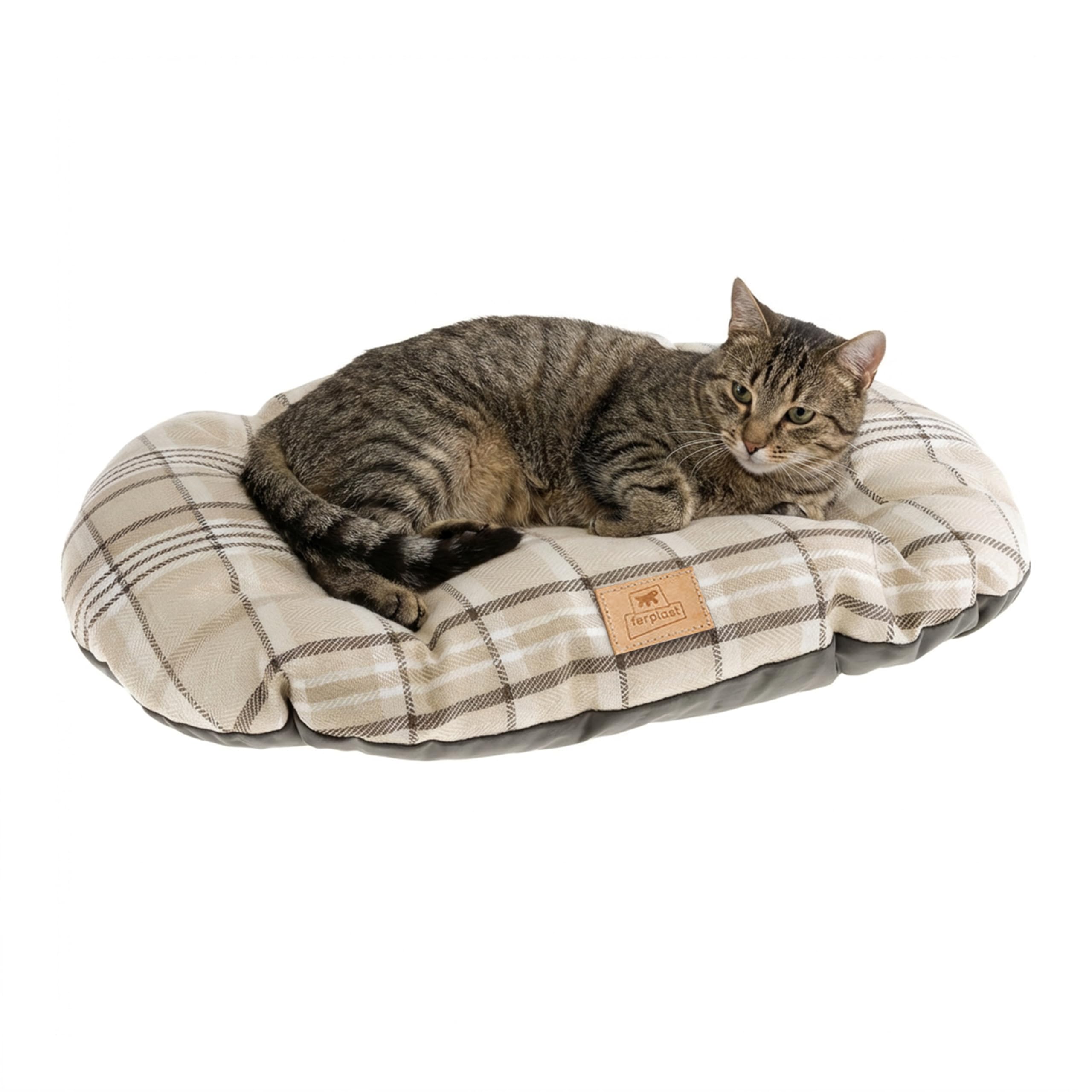 Ferplast Cat Bed Dog Bed Padded Pet Cushion Double-Sided, Tartan, Soft Velvet, Washable, 55 x 36 x h 5 cm. Brown