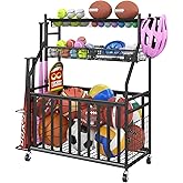 Jsskeeim Garage Sports Equipment Organizer,Sports Ball Organizer with Wheels,Basket,Ball Organizer with Baseball Bat Rack and HooksToy Storage Rolling Cart-Black