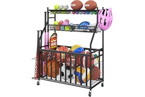 Jsskeeim Garage Sports Equipment Organizer,Sports Ball Organizer with Wheels,Basket,Ball Organizer with Baseball Bat Rack and HooksToy Storage Rolling Cart-Black