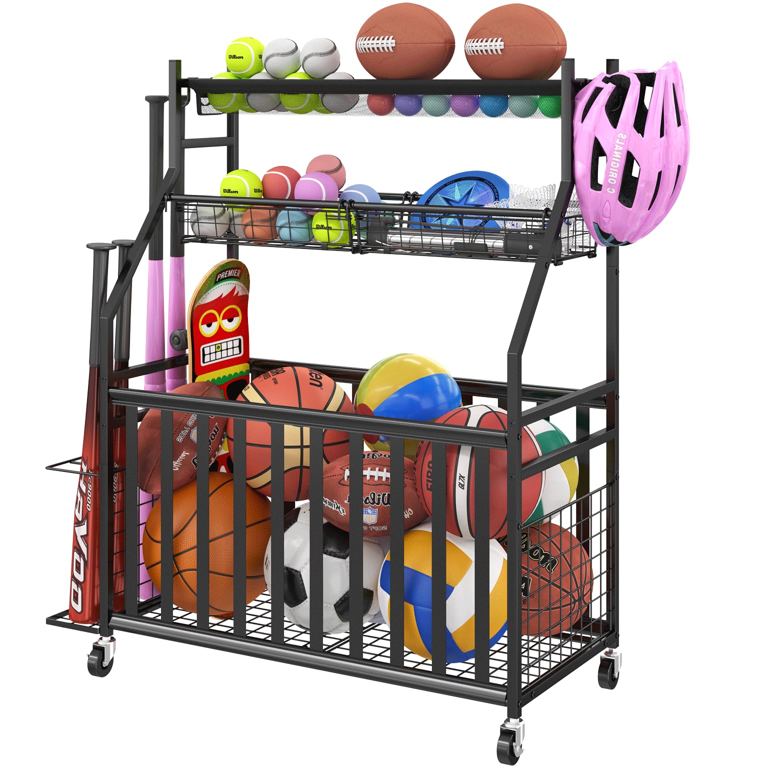 Photo 1 of Jsskeeim Garage Sports Equipment Organizer,Sports Ball Organizer with Wheels,Mesh Pocket, Basket,Ball Organizer with Baseball Bat Rack and HooksToy Storage Rolling Cart-Black