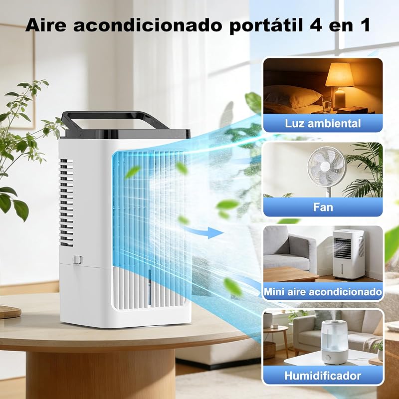 Aire Acondicionado Portátil 4 en 1, Enfriador de Aire Portátil 1200ml, 4 Velocidades, 2 Nebulización, 7 Colores LED, Temporizador 1-8H, Enfriador de Aire para Camping, Oficina (Blanco) — foto 2 de 7