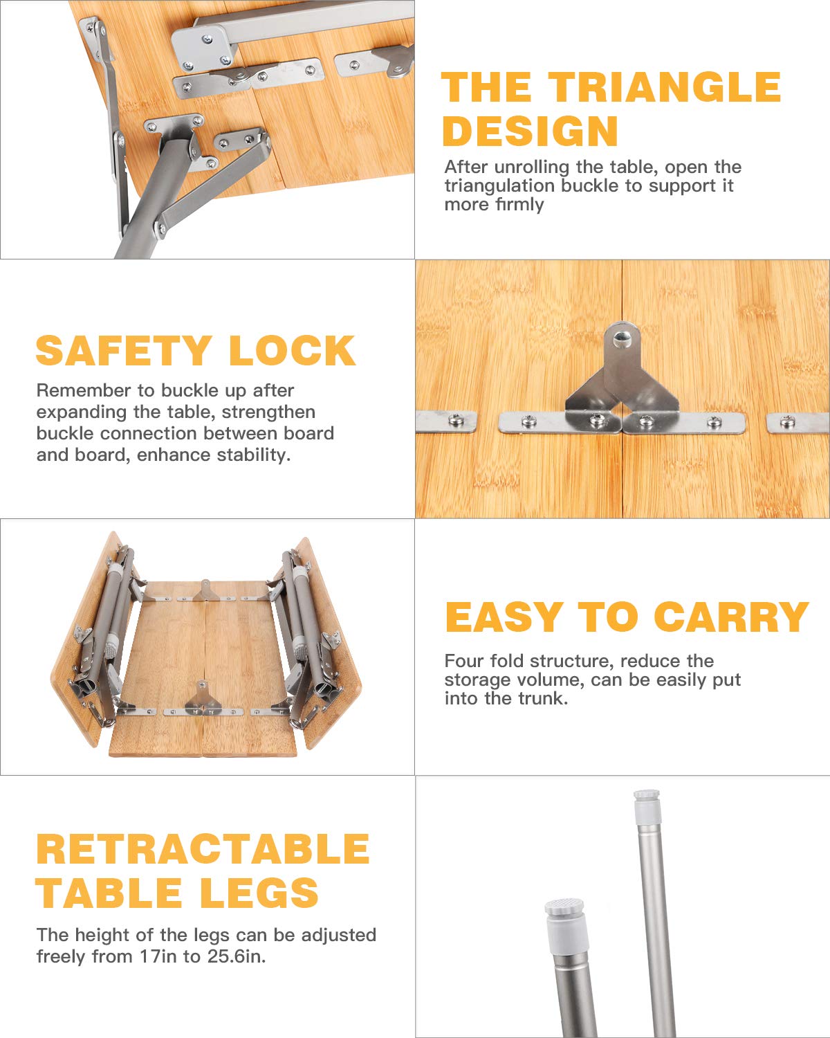ATEPA 4-Fold Bambu Heavy Duty Adjustable Height Aluminum Frame Folding Bamboo Table with Carry Bag