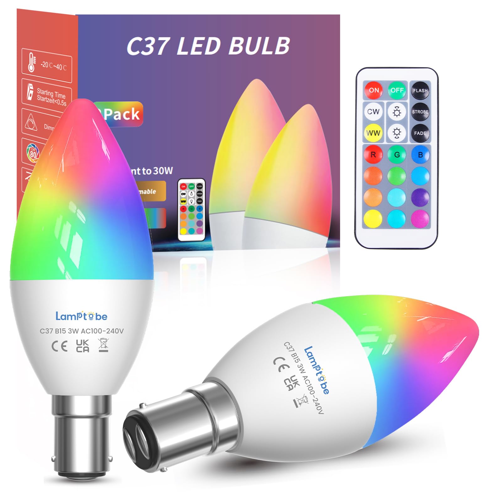 Lamptobe B15 Colour Chaning Light Bulb 3W Dimmable, 12 Colors RGB+Daylight+Warm White, SBC LED C37 Colored Candle Bulb Mood Lighting with Remote Control, 2 Pack