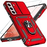 SunStory Phone Case for Samsung Galaxy S22 Plus 5G Case with HD Screen Protector & Slide Camera Cover & Rotated Ring Kickstand, [Military-Grade] [2 in 1] Phone Case for Galaxy S22 Plus 6.6",Red