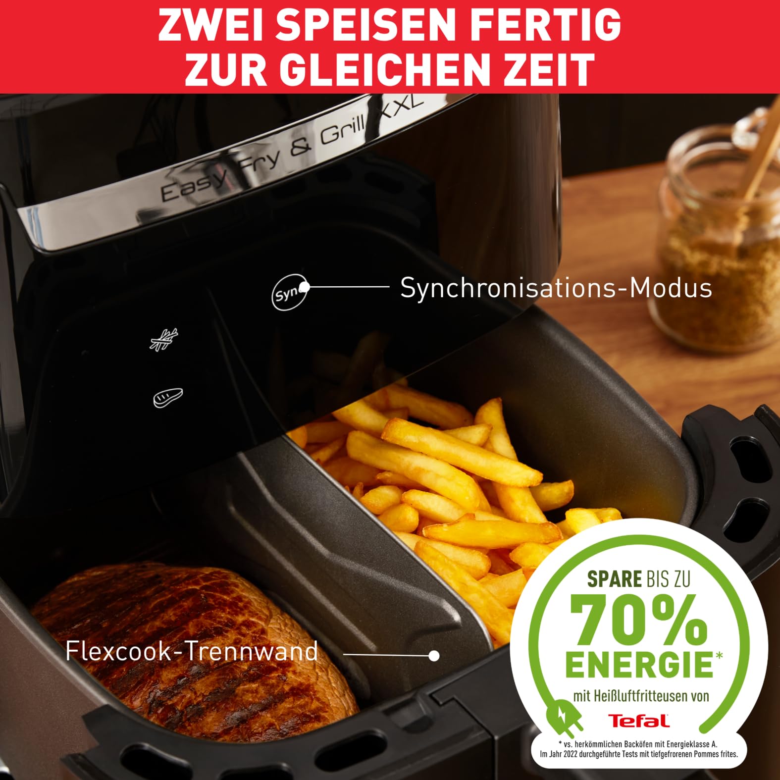 Tefal Easy Fry & Grill XXL Heißluftfritteuse 6,5 L – Airfryer mit Flexcook-Trennwand (XXL oder geteilt), 8 Programme, 80–220 °C, Druckguss-Grillplatte, fettarm frittieren, spülmaschinenfest EY8018 4