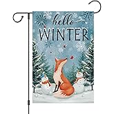 Wodison Hello Winter Fox Garden Flag 12x18 Inch Double Sided Vertical Snowman Snowflakes Winter Yard Outside Burlap Decorations
