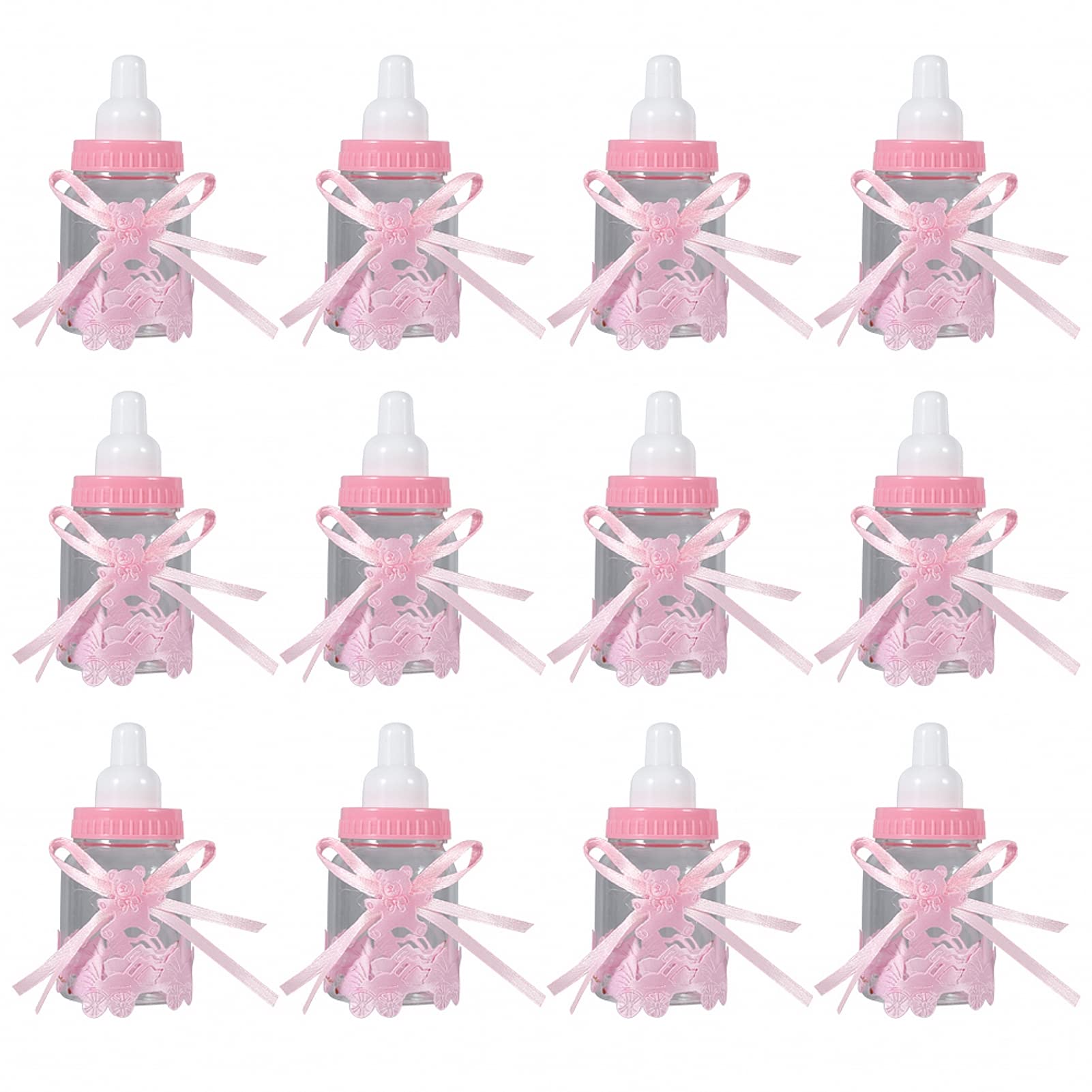 Agatige Candy Bottle Gift Box Girl Feeder Fillable Baby Shower Party Favours Decoration for Kids Birthday (Pink) 12pcs