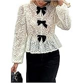 SHENHE Women's Y2k Lace Bow Cut Flower Chiffon Shirt Lantern Long Sleeve Fall Blouse
