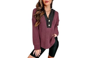 PINKMSTYLE Womens Casual Button V Neck Hoodies Oversized Pullover Sweatshirt Hooded Tops