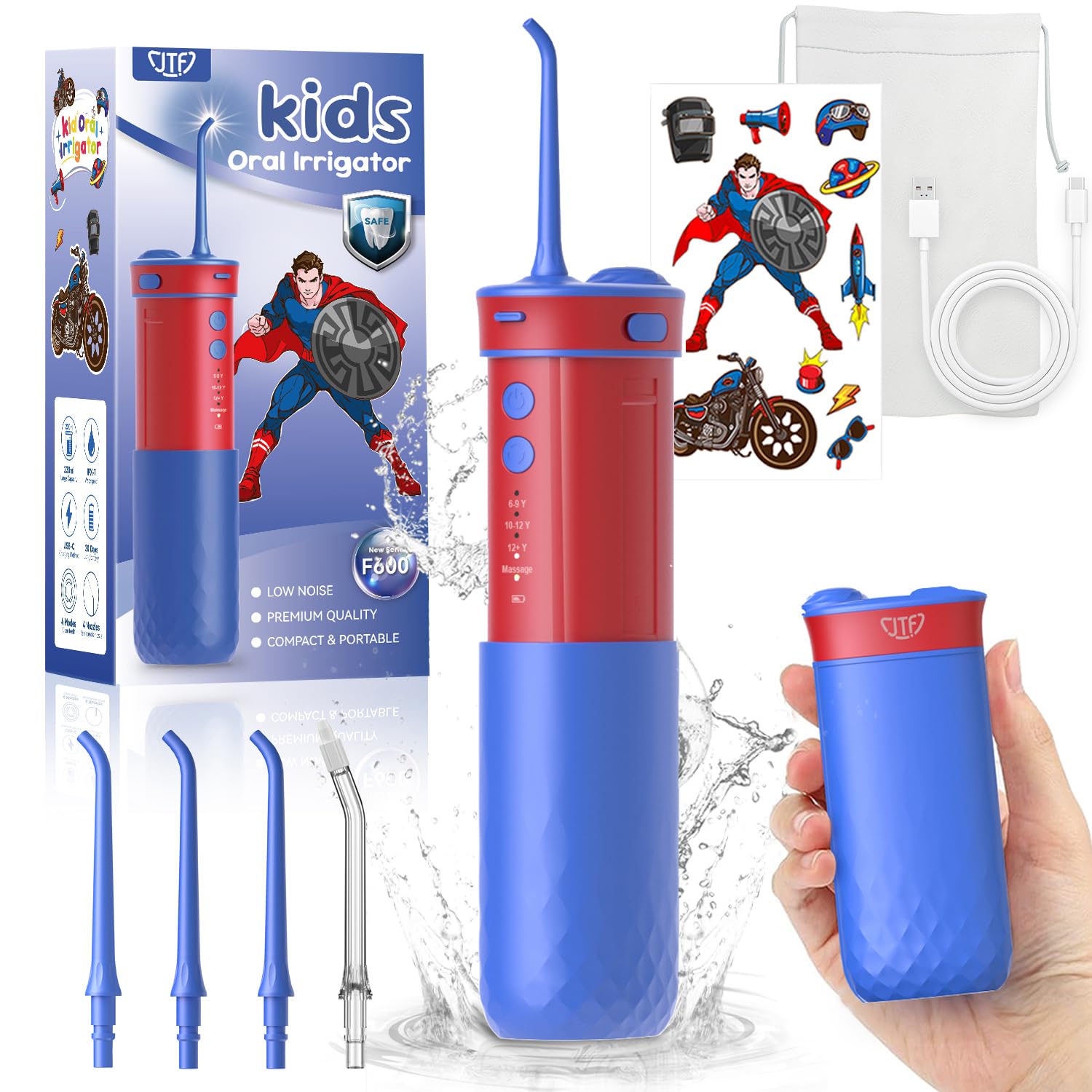 Photo 1 of JTF Kids Water Dental Flosser: Rechargeable Portable Oral Irrigator with 4 Flossing Modes 230ml Tank 4 Tips Travel Bag Waterproof Stickers, Cordless Electric Flossers for Teeth Gum Braces Care, Age 6+