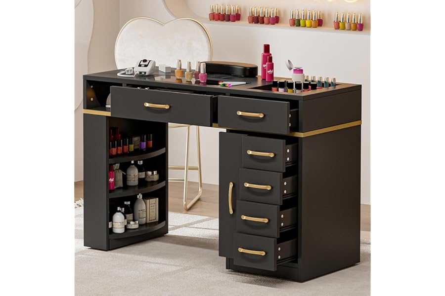 TTGIEET Nail Table Station with Dust Collector, Glass Top Manicure Table Nail Desk Station w/7 Drawers & 3-Tiers Open Shelves, Nail Beauty Workstation w/Wrist Cushion & Acrylic Display Rack(Black-New)