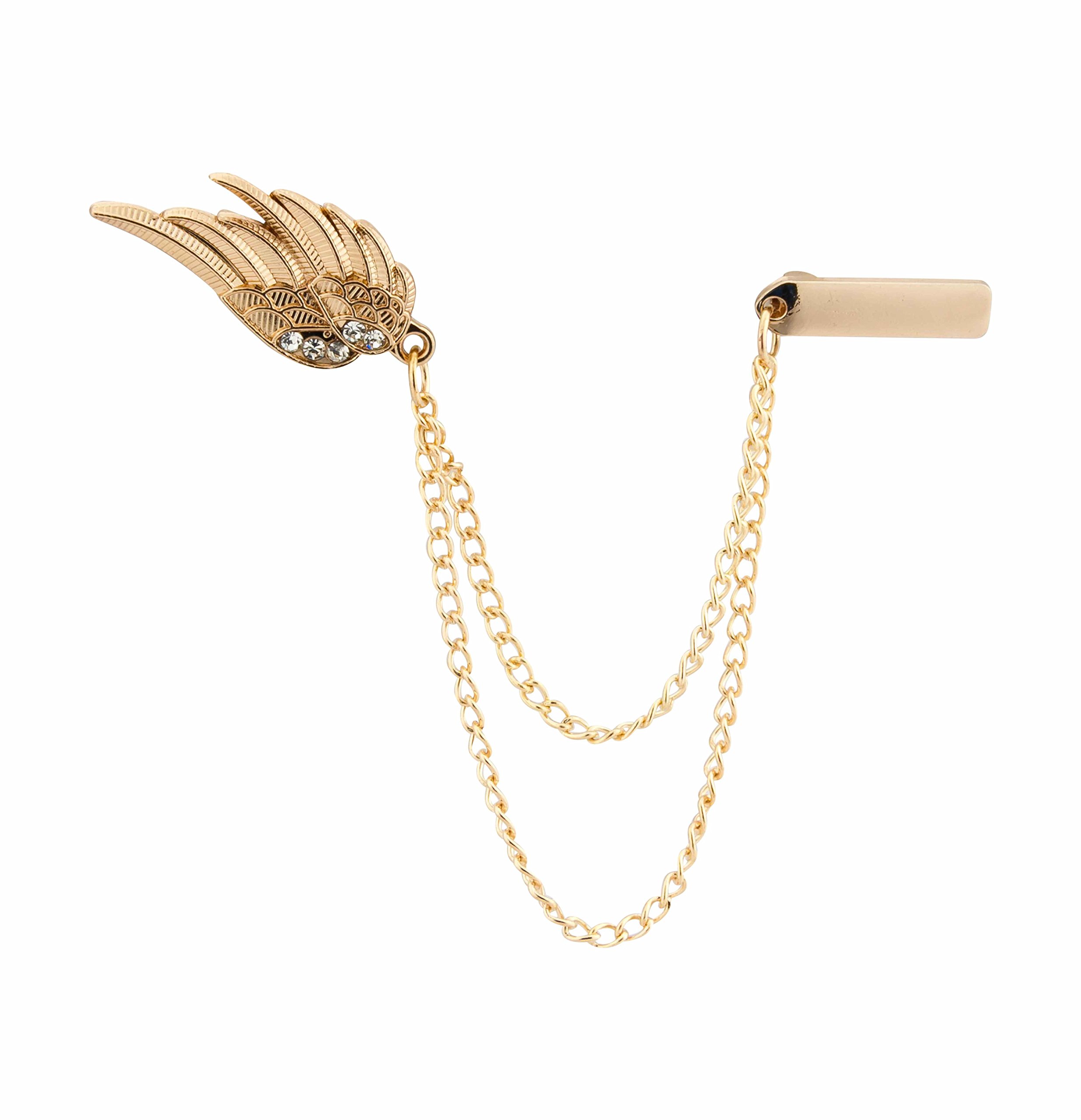 Brooch Lapel Pin for Men Inspired Stone Angel Wings with Hanging Chain Lapel Pin Golden Badge Coat Suit Wedding Gift Party Shirt Collar Accessories