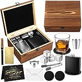 Feifeiya 12 Pcs Valentine's Day Whiskey Gifts for Men, Retirement Birthday Whiskey Glasses Gifts Set Stainless Steel Stones Flask Coaster Pen Card with Wooden Box for Adults Husband Boyfriend
