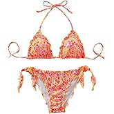 BYFINECANY Women's Floral Print Bathing Suit Halter Tie Side Summer Swimsuit Bikinis Set
