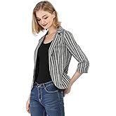 Allegra K Women's Striped Open Front Work Office 3/4 Sleeves Casual Notched Lapel Blazer