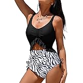 Aleumdr Women's One Piece Swimsuit Ruffle Slimming Tummy Control Bathing Suits Cutout V Neck High Cut Swimwear