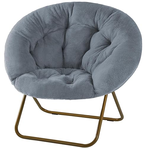 DUMOS Comfy Saucer Chairs Cozy Faux Fur Soft Lounge Cute Folding Bedroom Living Room Seat Flexible Reading Foldable Seating for Kids Adults Thick Padded Metal Frame Modern for Home Office Classic Gray