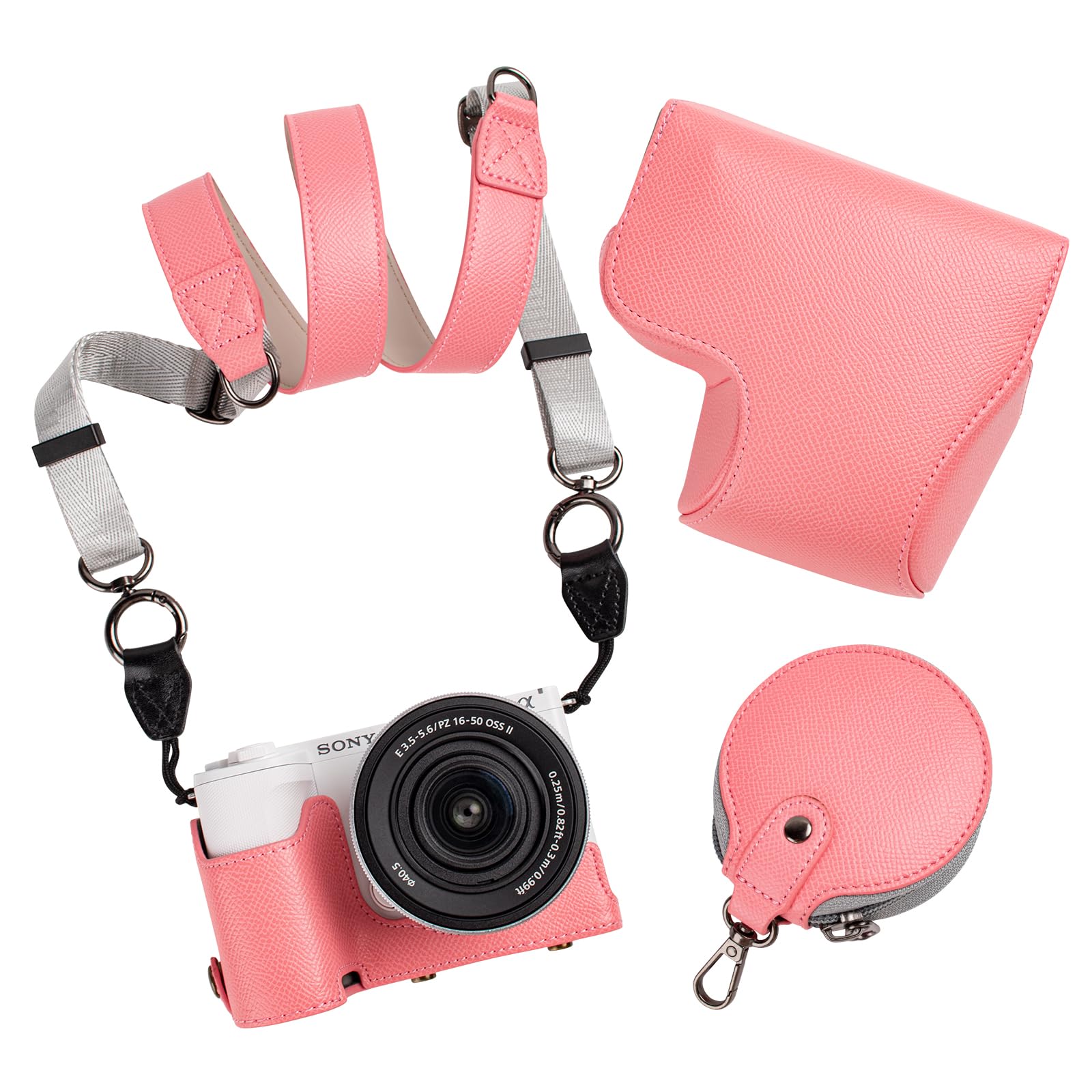 MUZIRI KINOKOO Protective Case for Sony ZV-E10 II, PU Leather Camera Case with 16-50mm Lens - Removable Case with Shoulder Strap & Storage Pocket - Pink
