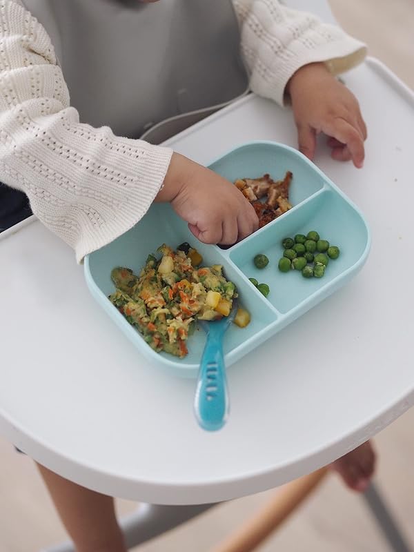 Conjunto de comida, Prato de silicone compartimentado com ventosa + Colher de silicone, adere à mesa/cadeira alta, compatível com micro-ondas, azul